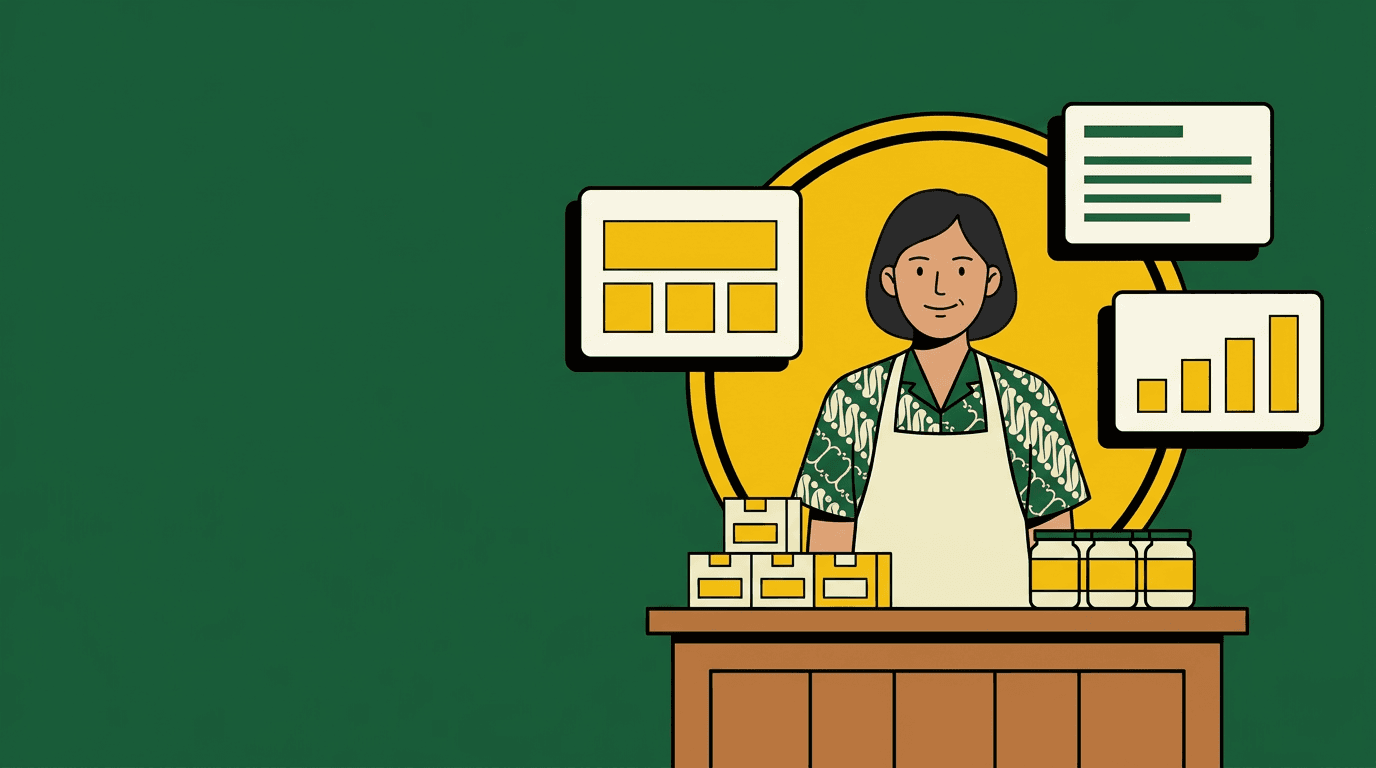 Pemilik toko UMKM Indonesia berdiri di belakang meja dengan dashboard omset di sekitarnya